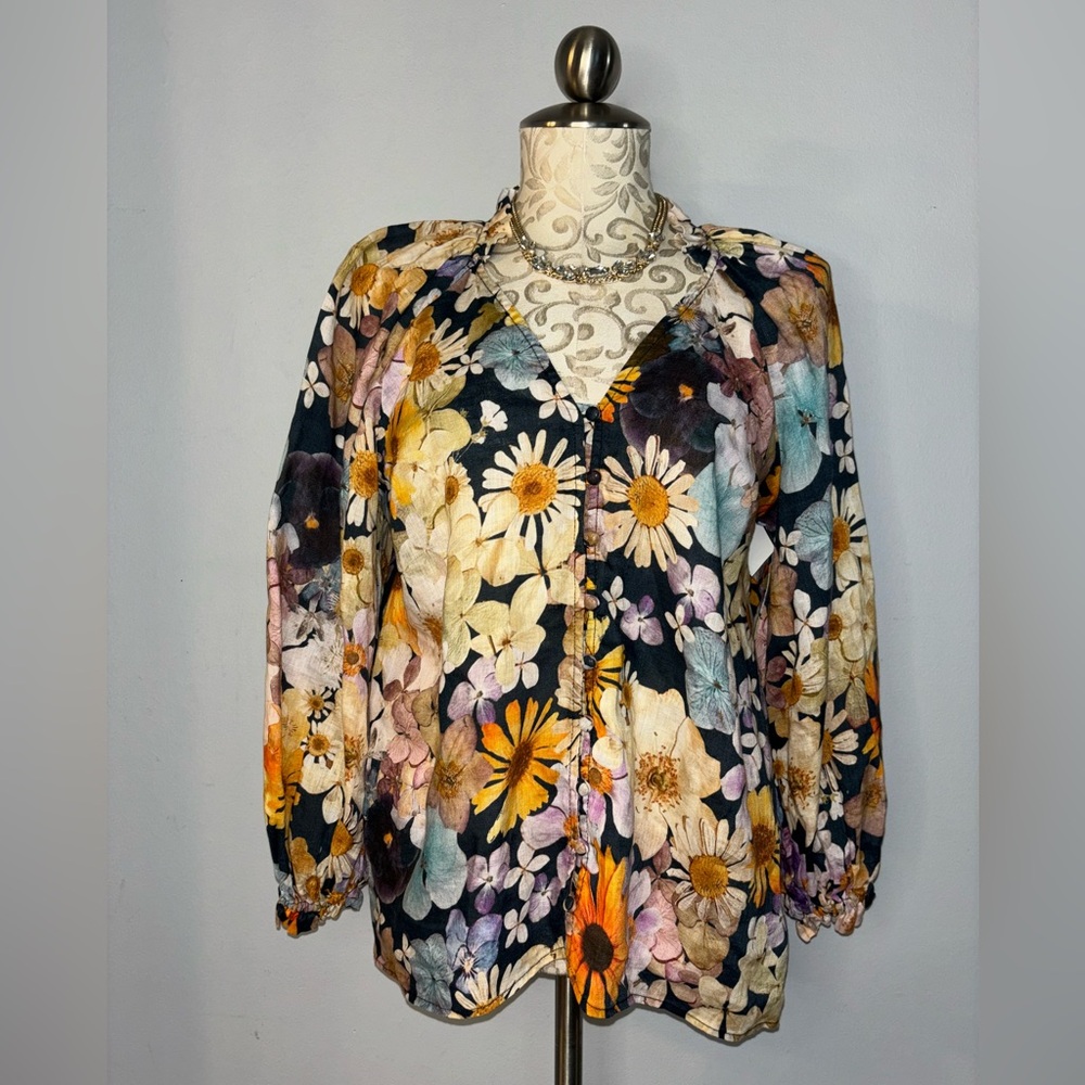 Anthropologie Maeve Moxy Collective Linen Floral Button Front Blouse Size S #C